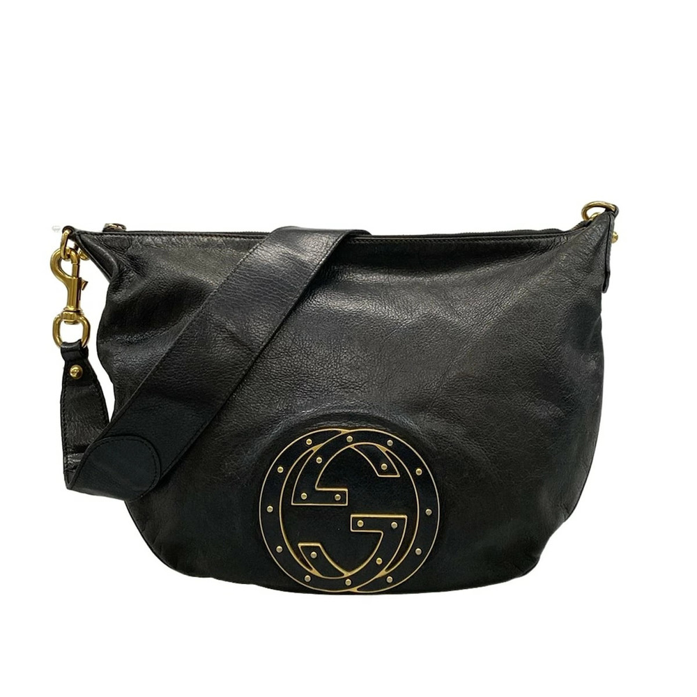 GUCCI Double GG Shoulder Bag Black Leather